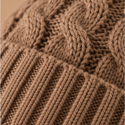 Detail van kabelbreisel en omgeslagen rand van heren muts in khaki