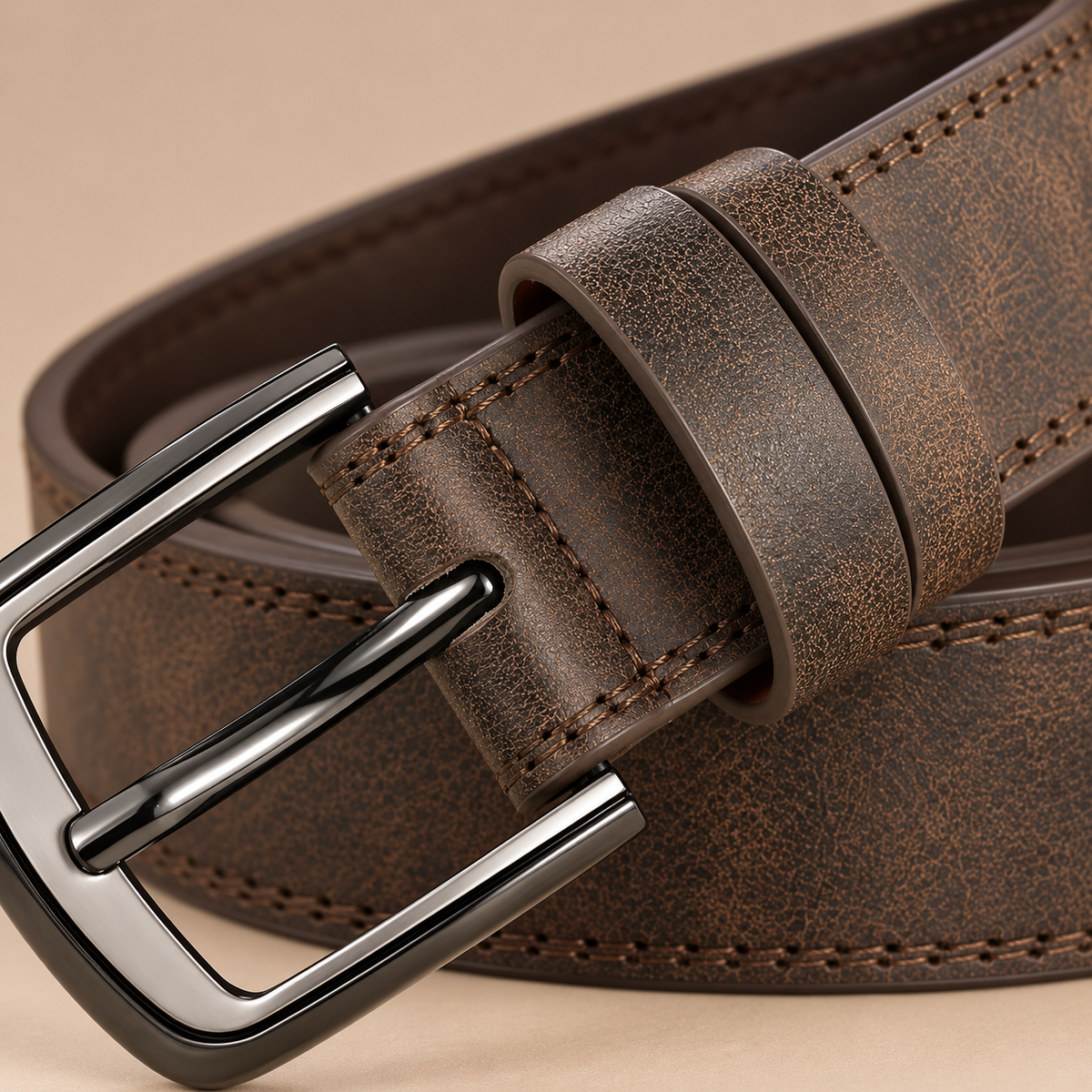Detail van donkerbruine heren riem met metalen gesp