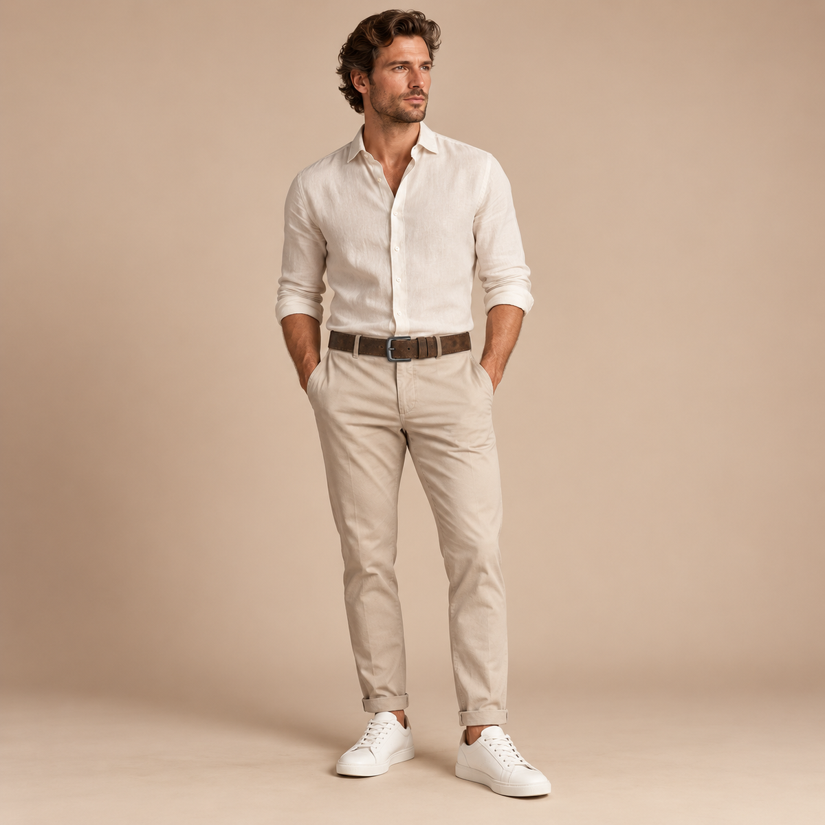 Riem heren donkerbruin met metalen gesp – volledige outfit