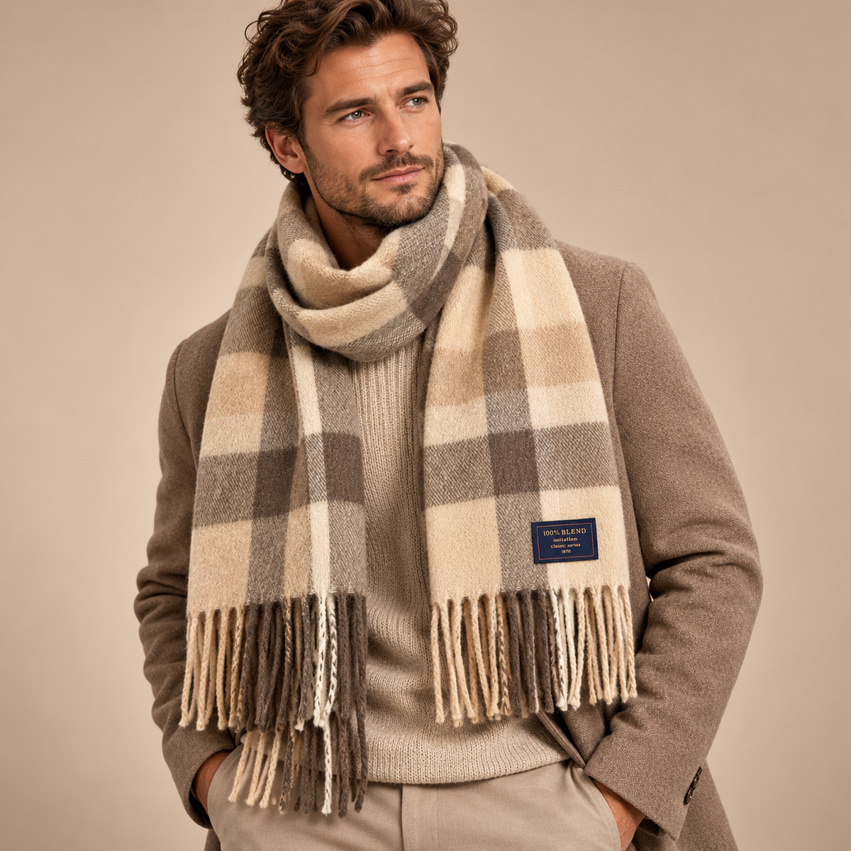 Sjaal heren beige bruin geruit – close-up