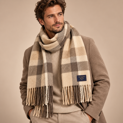 Sjaal heren beige bruin geruit – close-up