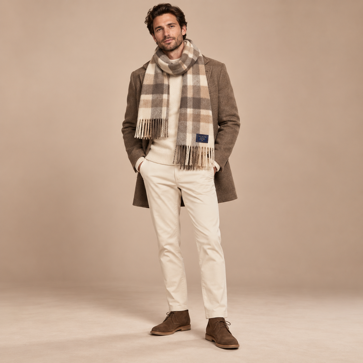 Sjaal heren beige bruin geruit – volledige outfit