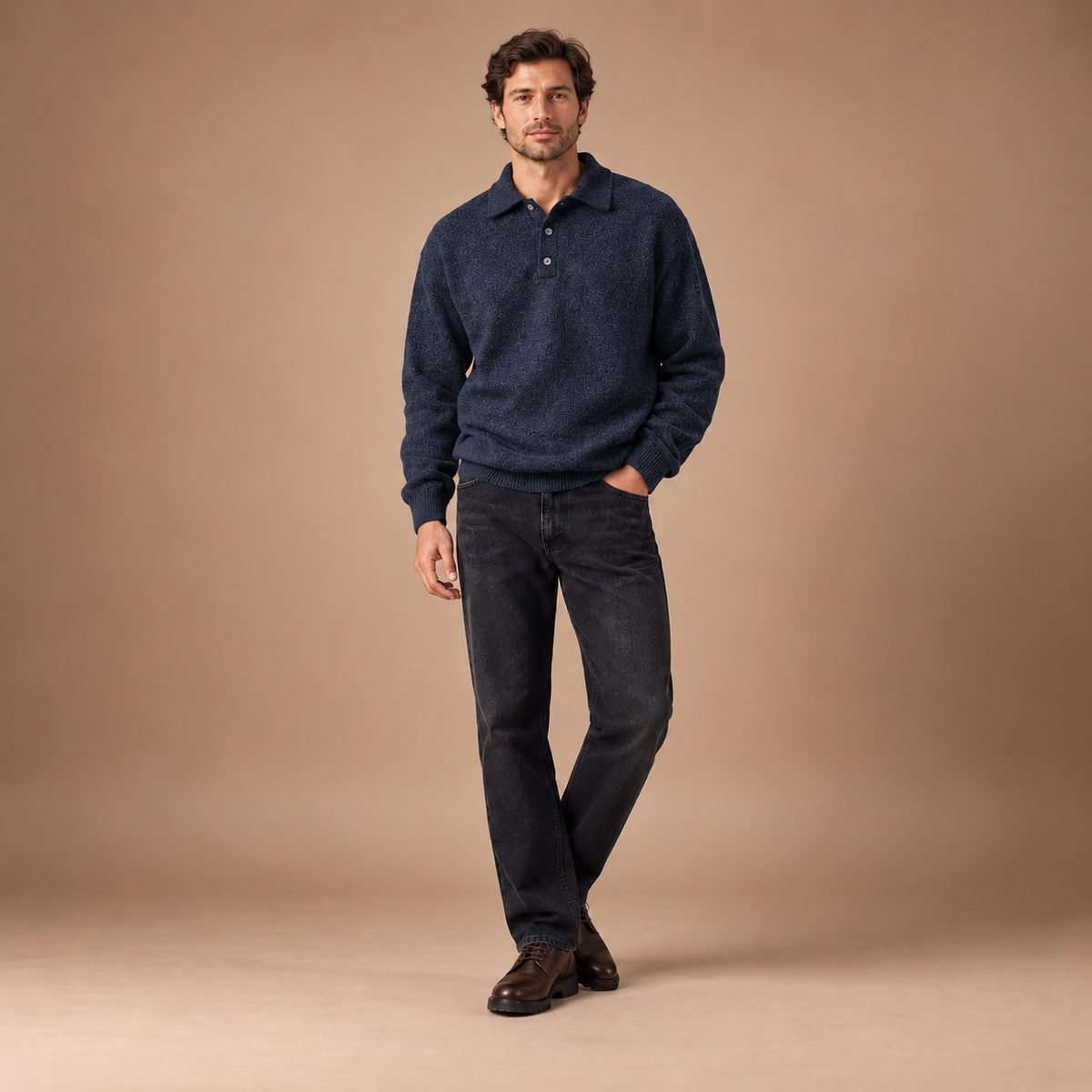 Herenpolotrui met ruime pasvorm en knoopsluiting in donkerblauw, volledige outfit