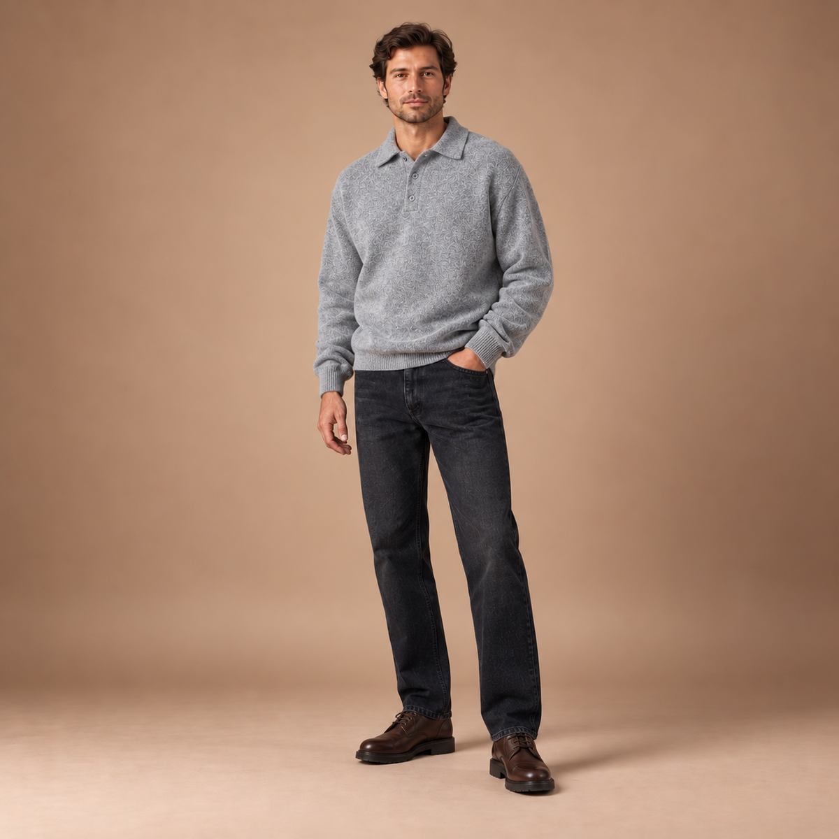 Herenpolotrui met ruime pasvorm en knoopsluiting in lichtgrijs, volledige outfit
