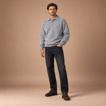 Herenpolotrui met ruime pasvorm en knoopsluiting in lichtgrijs, volledige outfit