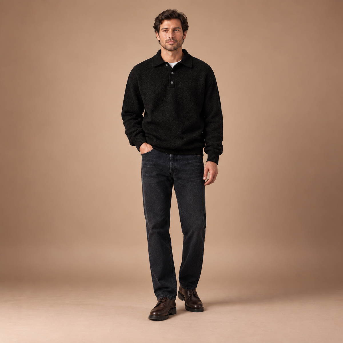 Herenpolotrui met ruime pasvorm en knoopsluiting in zwart, volledige outfit
