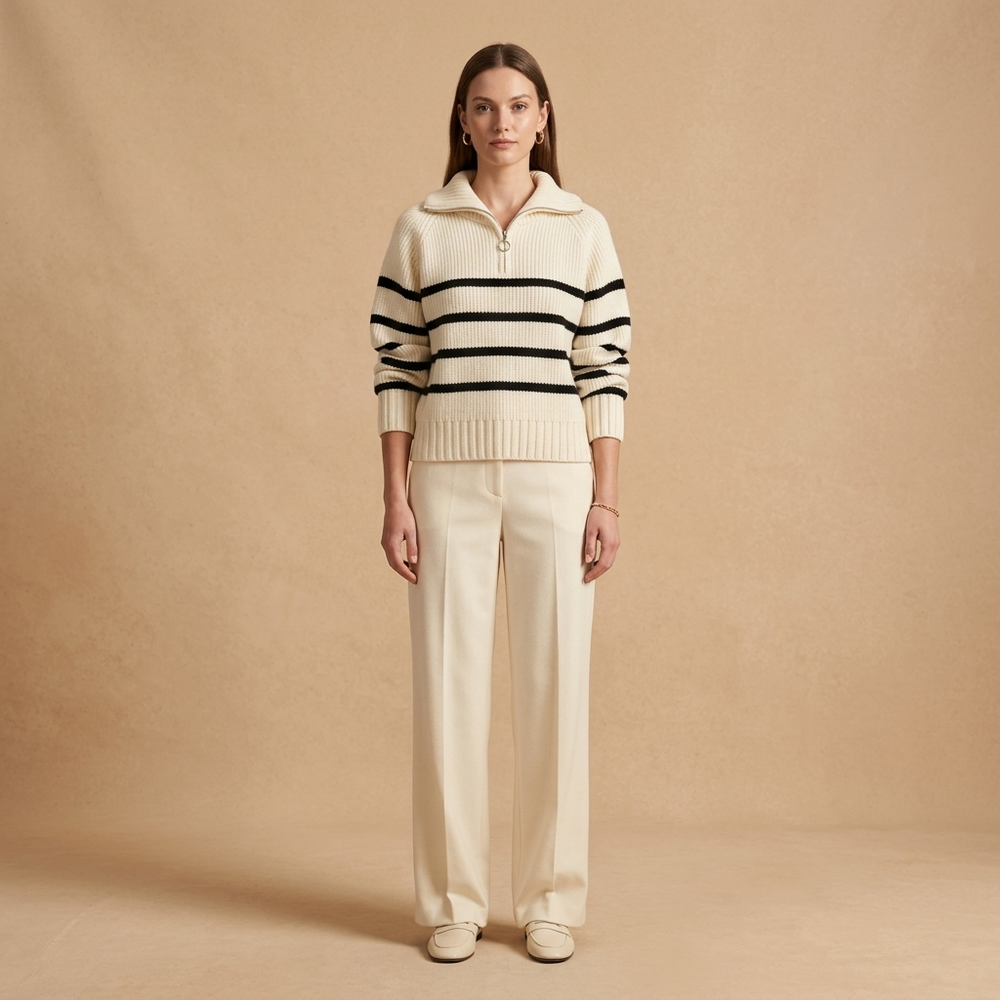 Trui Dames Gestreept - Half Zip Pullover met Kraag en Lange Mouwen