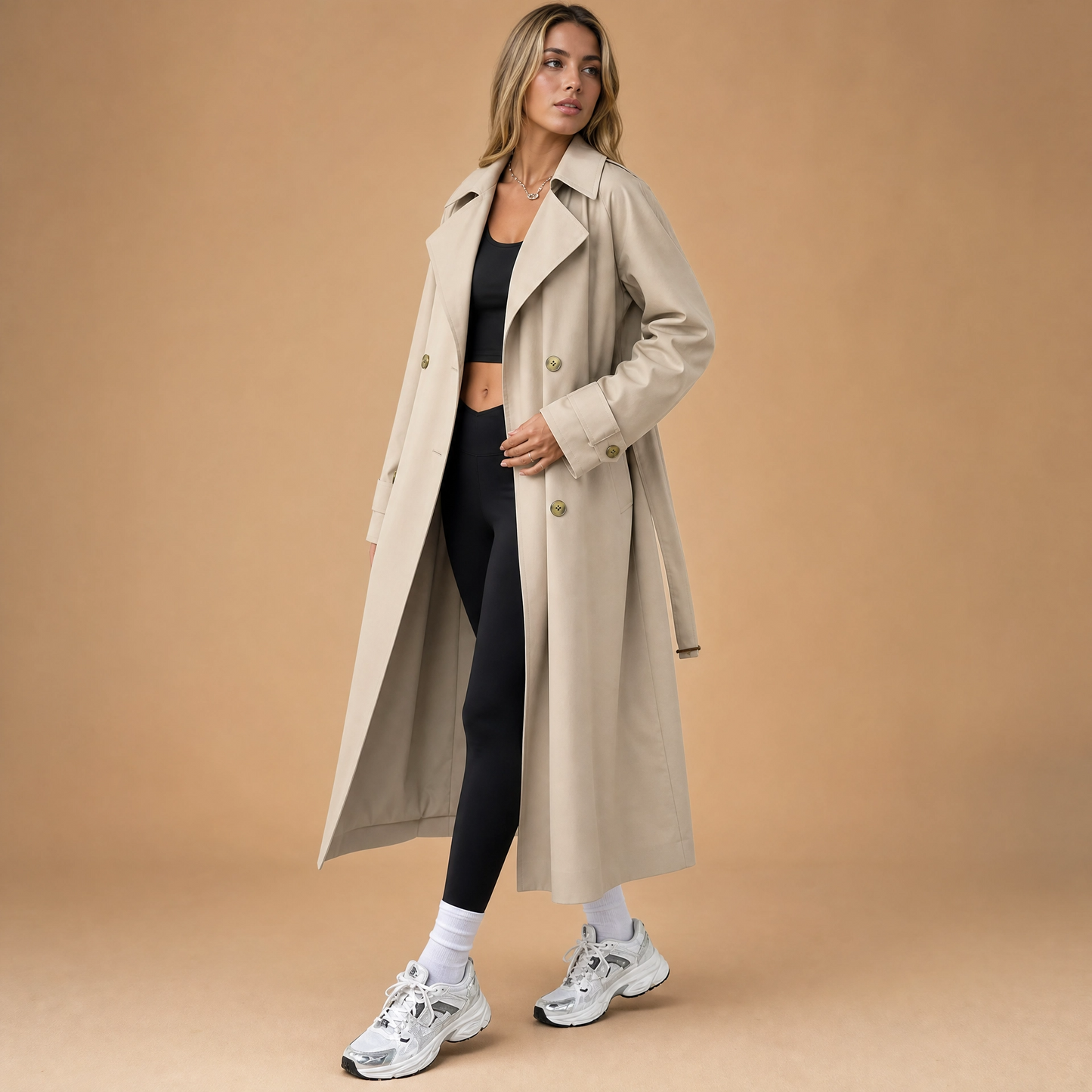 Trenchcoat Dames Lang – Tussenjas met Ceintuur Revers en Knopen – productaanzicht 7