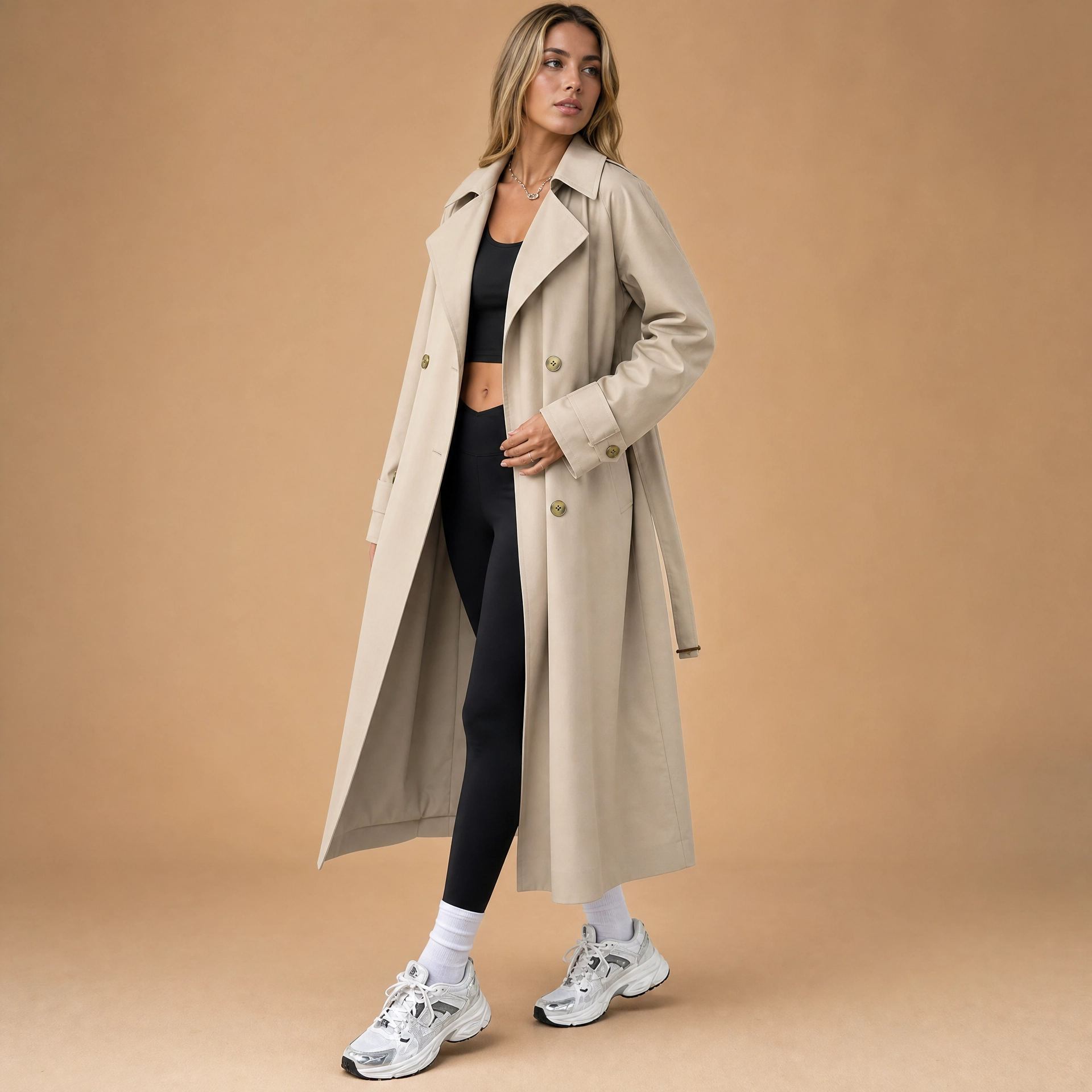 Trenchcoat Dames Lang – Tussenjas met Ceintuur Revers en Knopen – productaanzicht 7