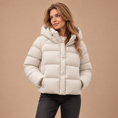 Beige puffer jas voor dames met capuchon – voorkant