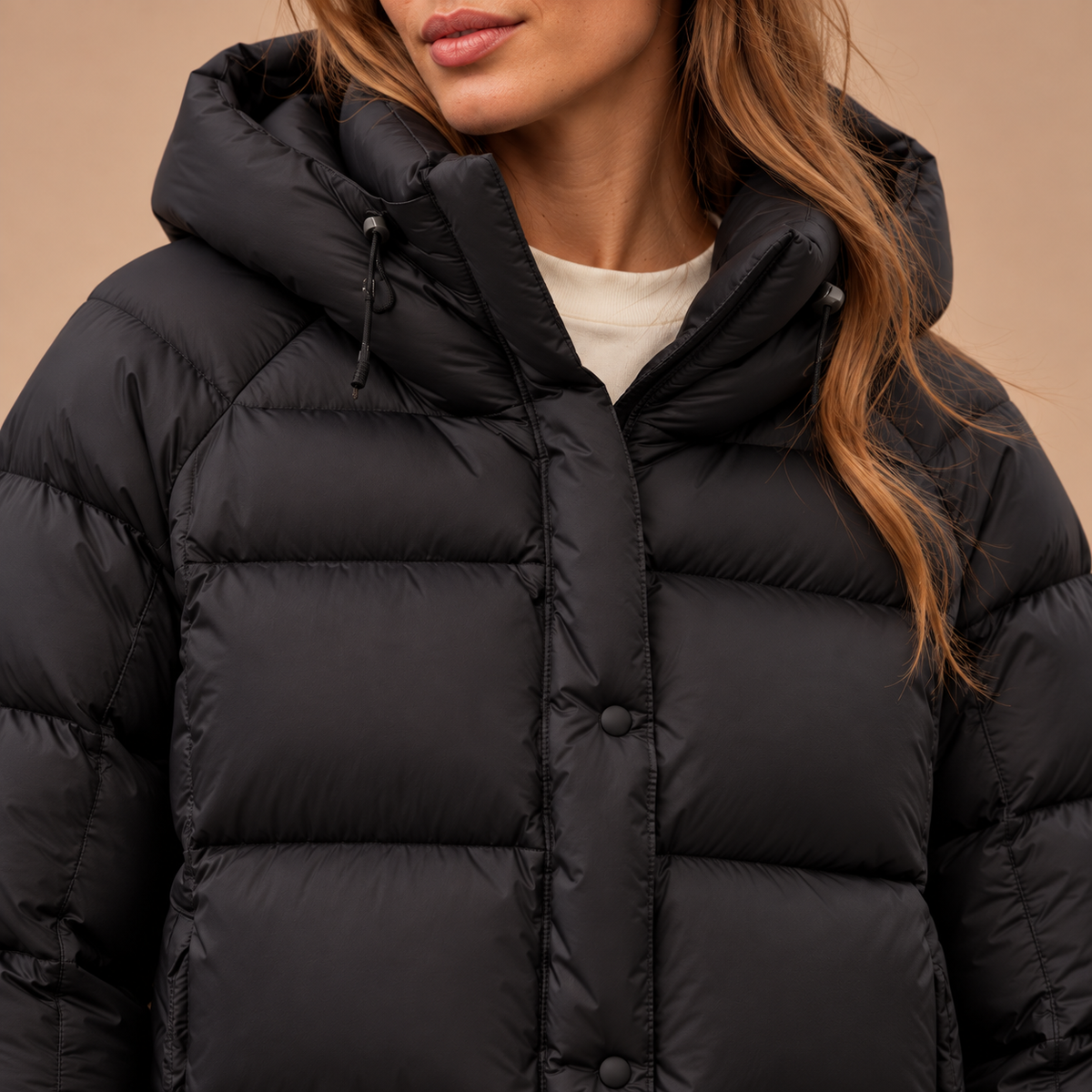 Zwarte puffer jas voor dames met capuchon – detail van afwerking