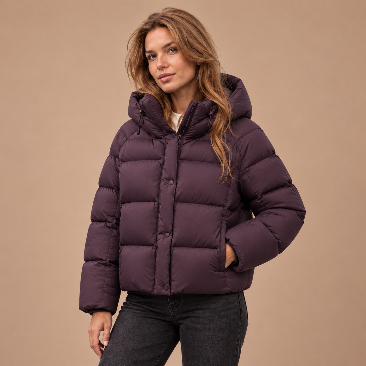 Paars puffer jas voor dames met capuchon – voorkant