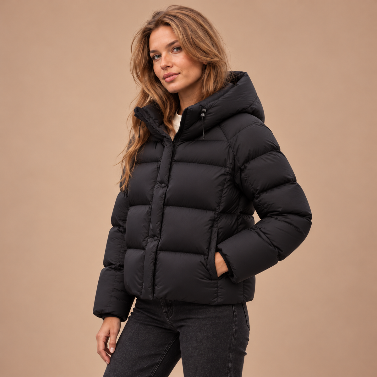 Zwarte puffer jas voor dames met capuchon – zijaanzicht