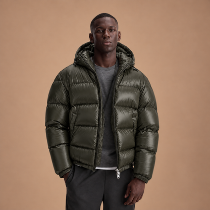 Legergroene puffer jas voor heren met capuchon – voorkant