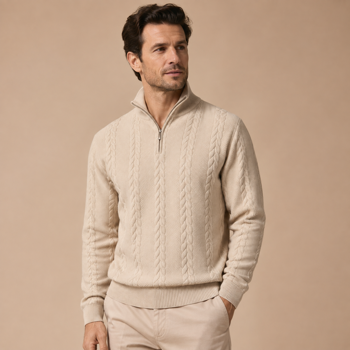 Trui Heren Half Zip – Gebreide Kabeltrui met Kraag en Lange Mouwen