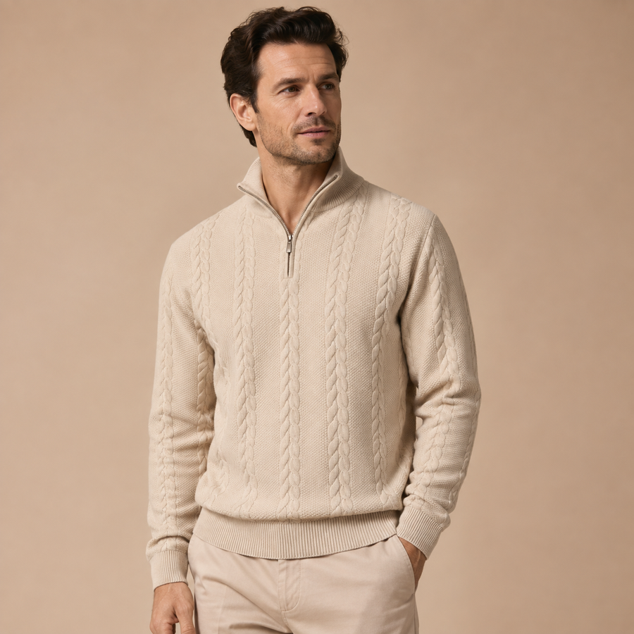 Trui Heren Half Zip – Gebreide Kabeltrui met Kraag en Lange Mouwen