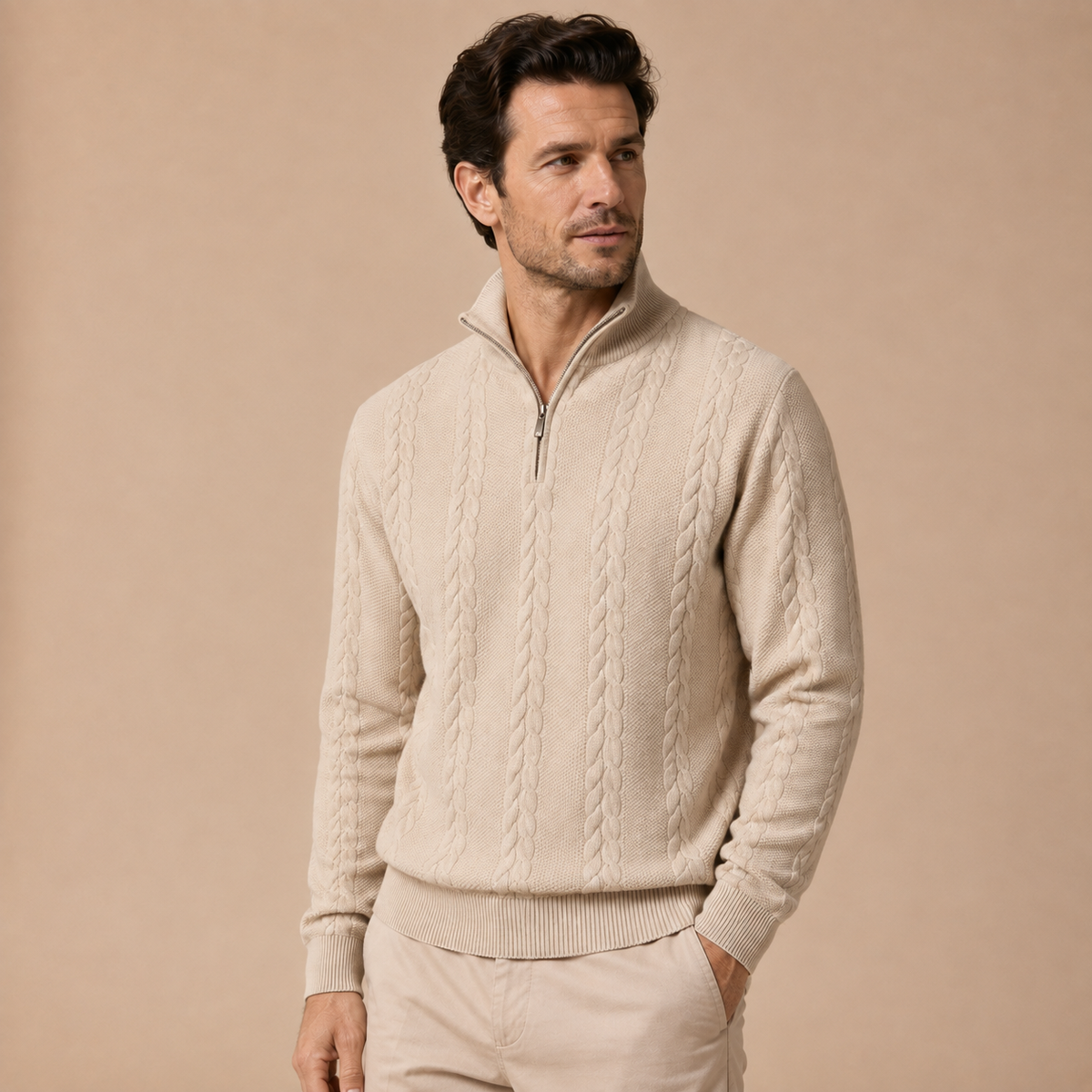 Trui Heren Half Zip – Gebreide Kabeltrui met Kraag en Lange Mouwen