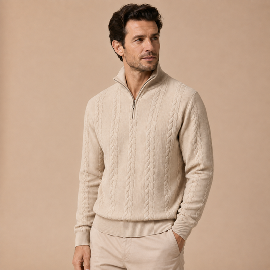 Trui heren half zip beige driekwart studioaanzicht