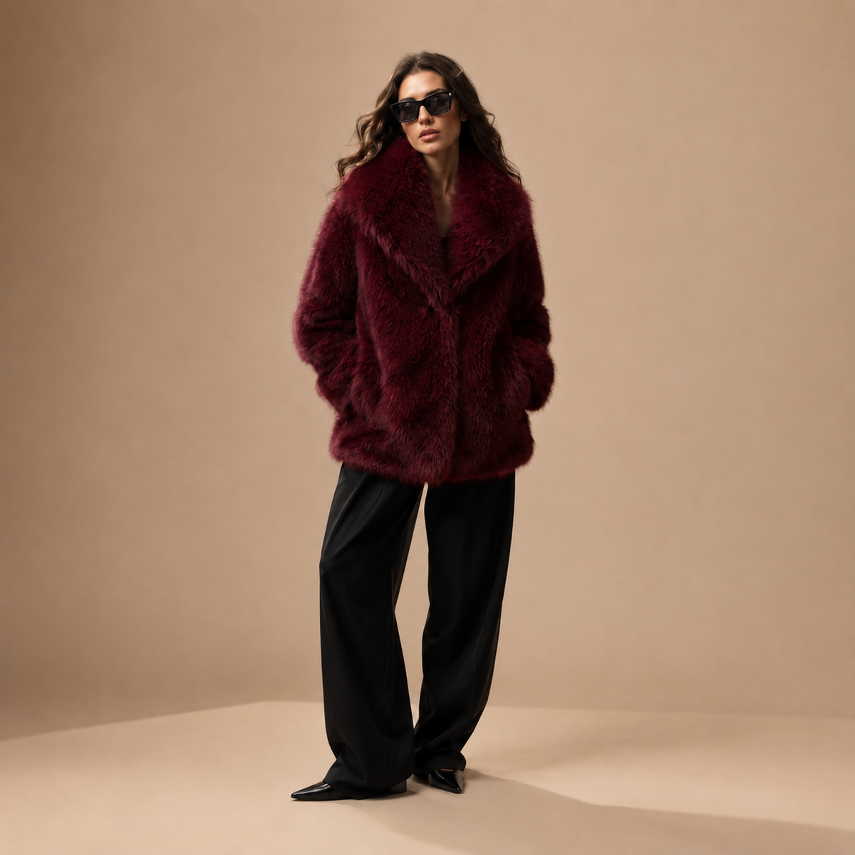Winterjas dames faux fur donkerrood - voorkant