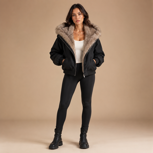 Winterjas dames zwart met faux fur voering en capuchon voorkant