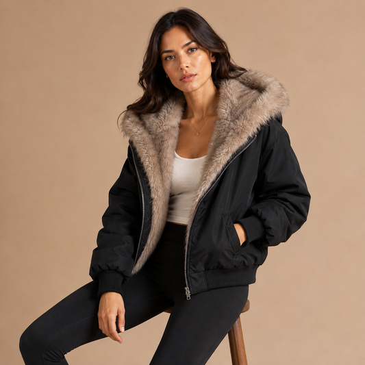 Winterjas dames zwart lifestyle studiofoto met faux fur voering
